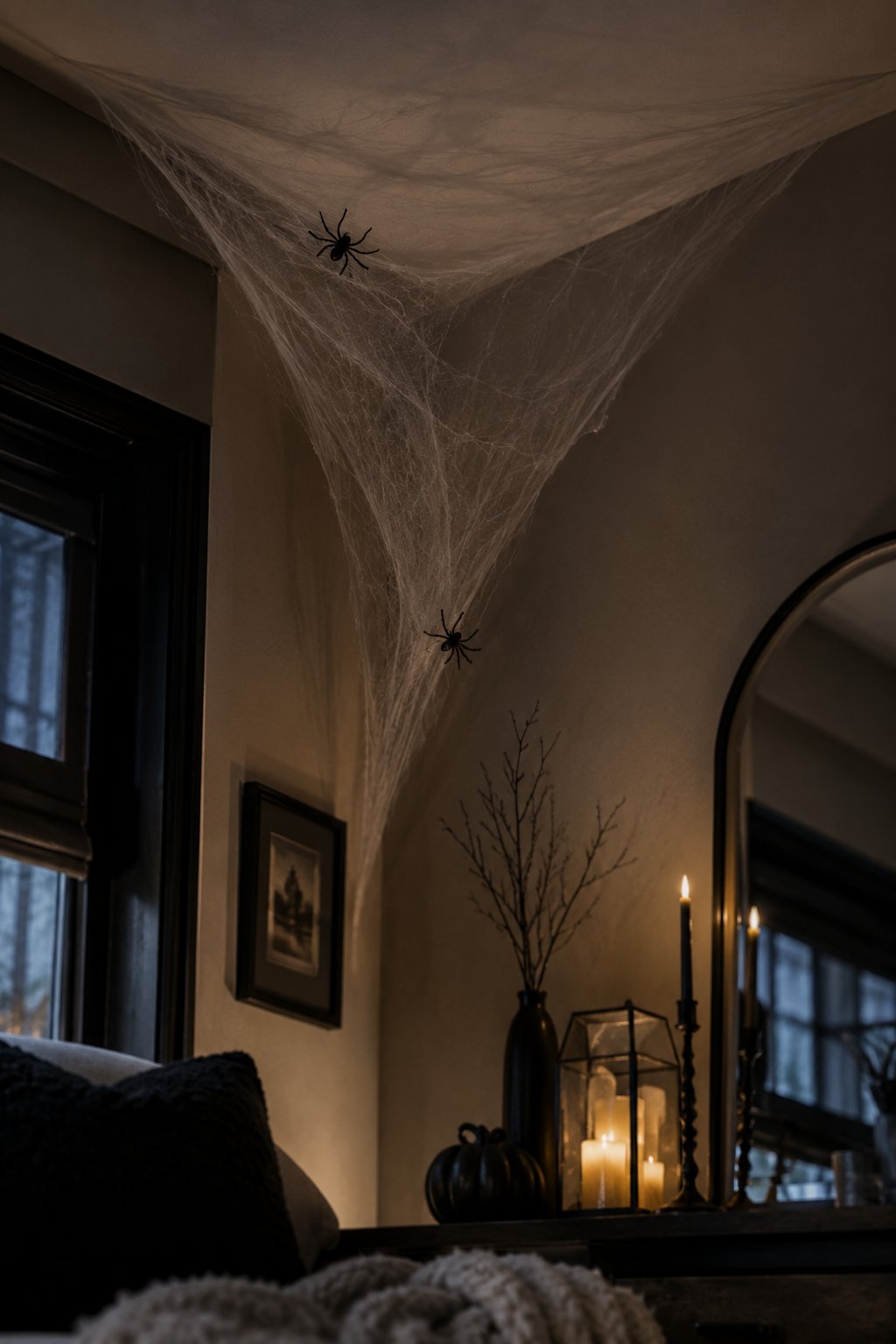 Light faux cobweb corner with LED spiders in a renter apartment for moody Halloween decor