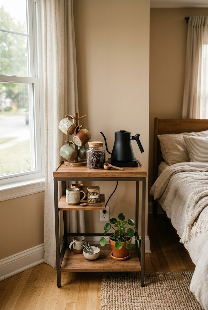 Narrow bar cart set up as a coffee and tea station in a cozy bedroom corner