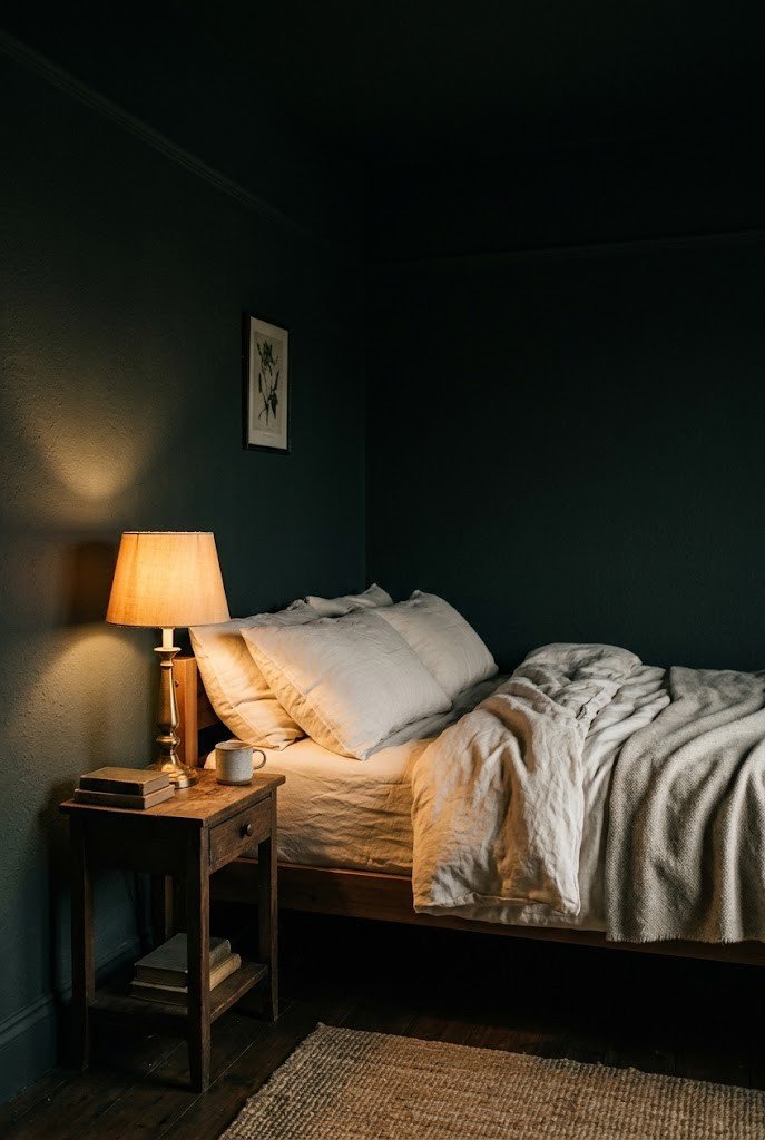 Small bedroom color-drenched in one deep tone across walls and ceiling