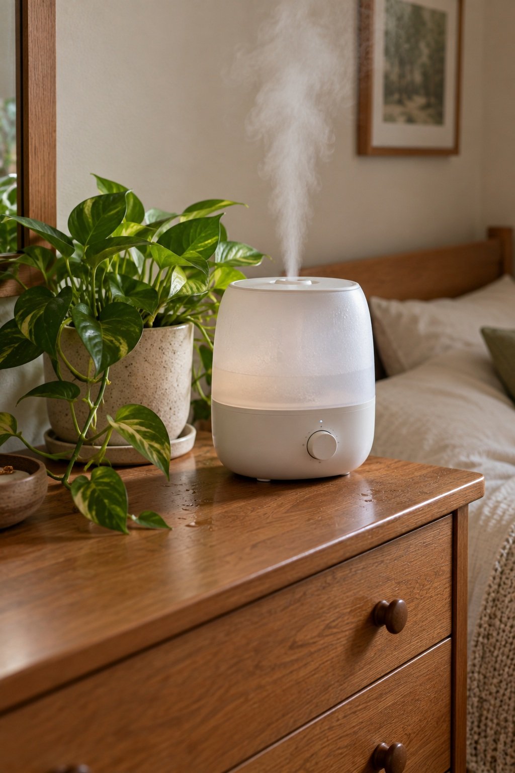 Small white cool-mist humidifier on a wood dresser next to a pothos