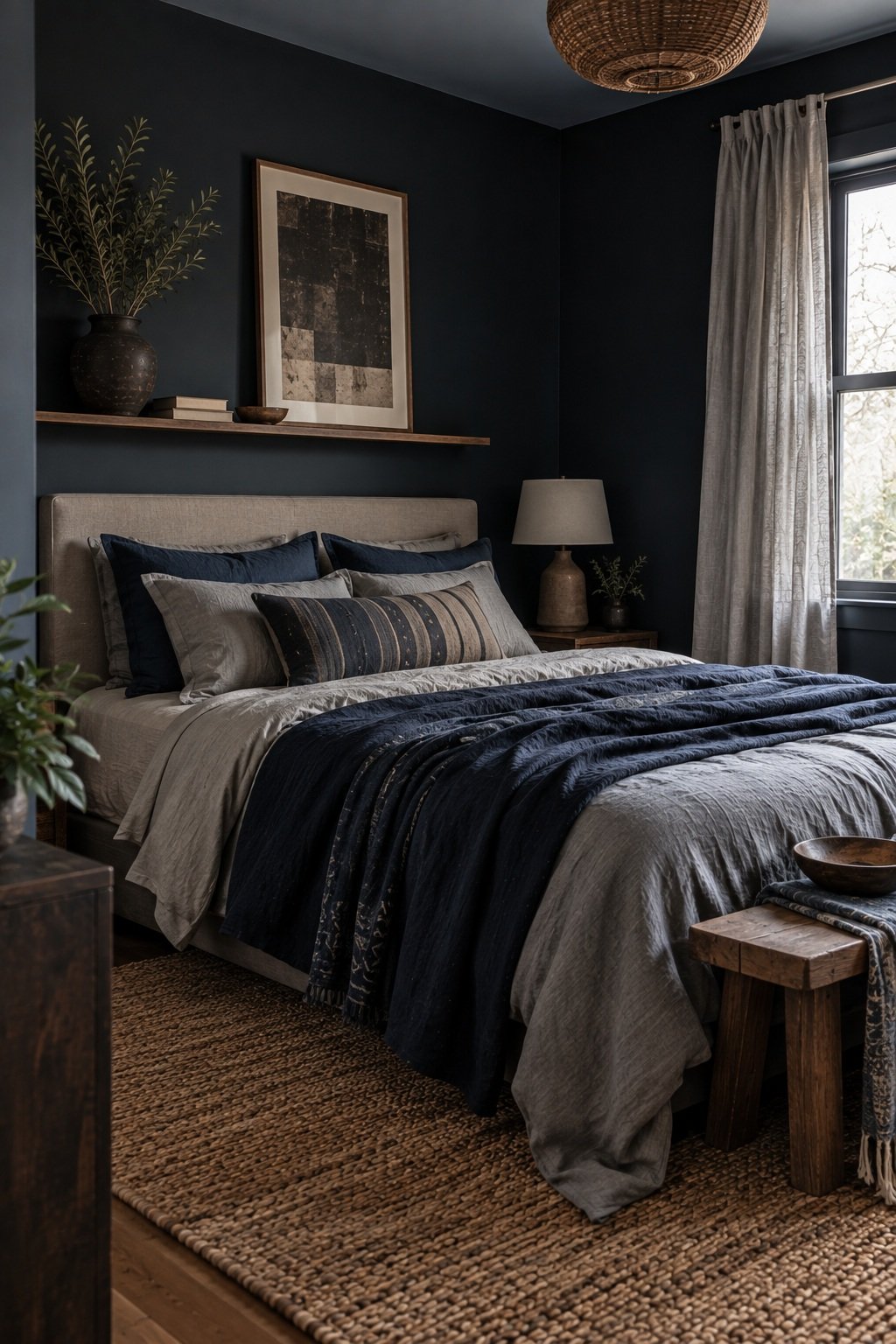 Cool toned soft black bedroom wall with indigo and stone gray bedding and a dark clay vase