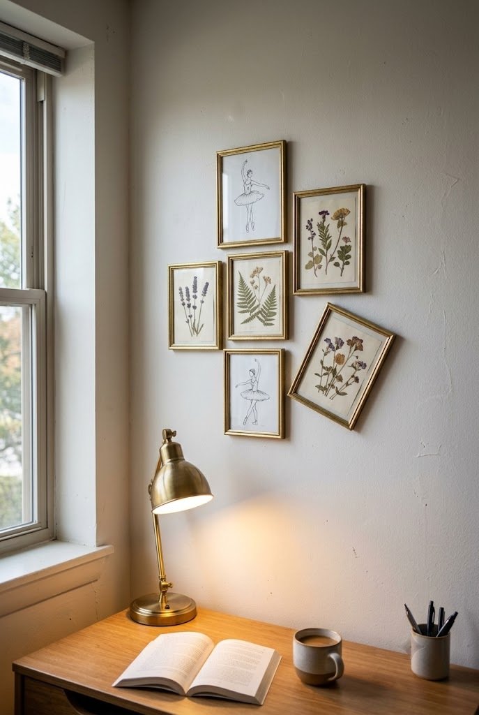 ballet sketches and pressed-flower prints in thin gold frames on a dorm wall