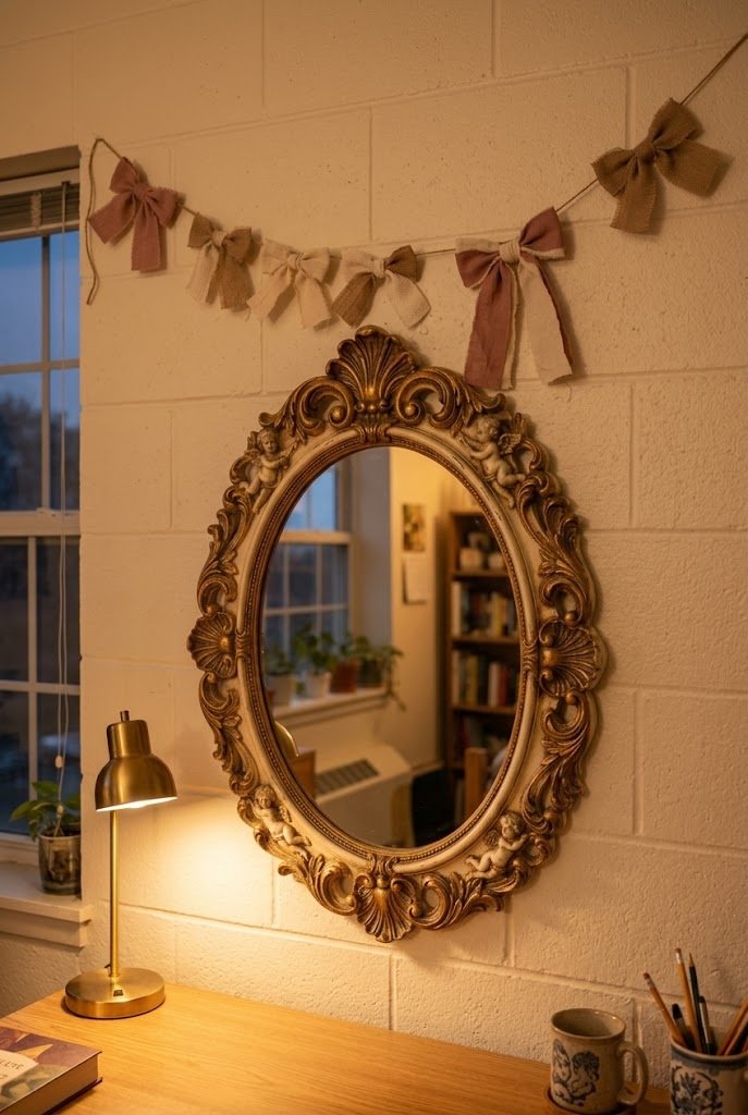 garland of dusty rose and cream fabric bows swagged across a dorm wall