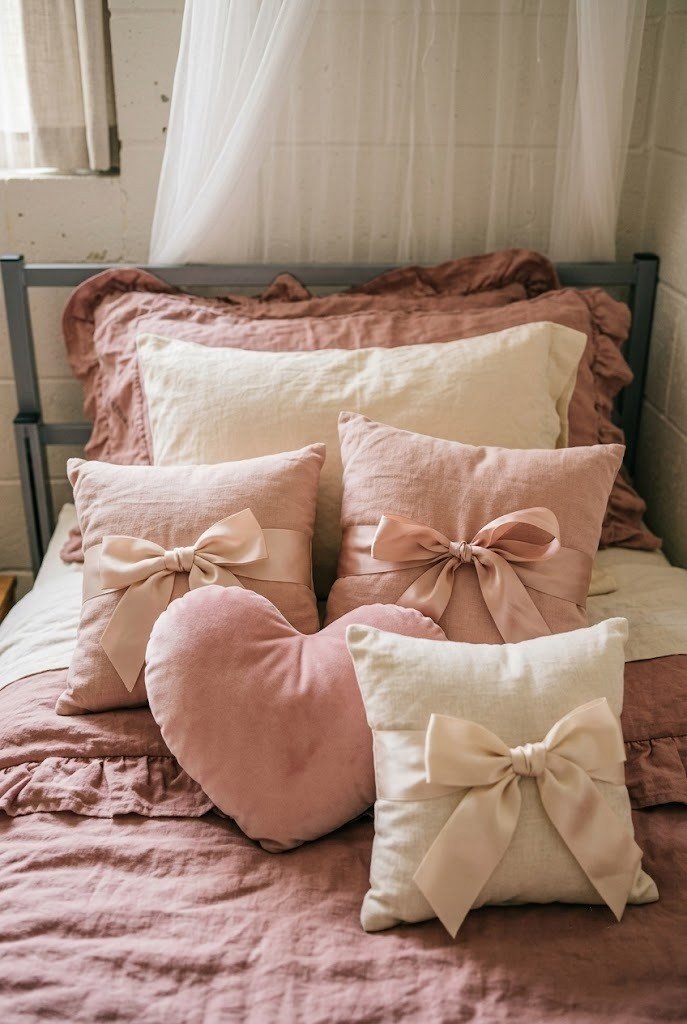 blush and cream bow-tie throw pillows with a heart-shaped pink pillow on a dorm bed