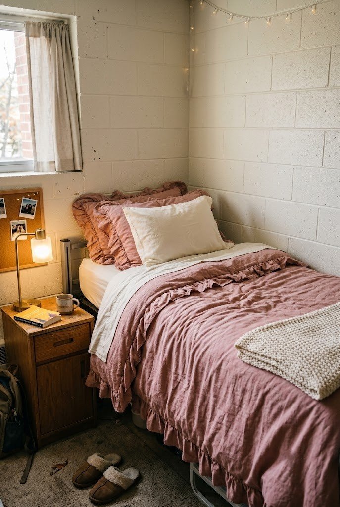 dusty rose cinched ruffled duvet on a dorm twin bed with a cream knit throw at the foot