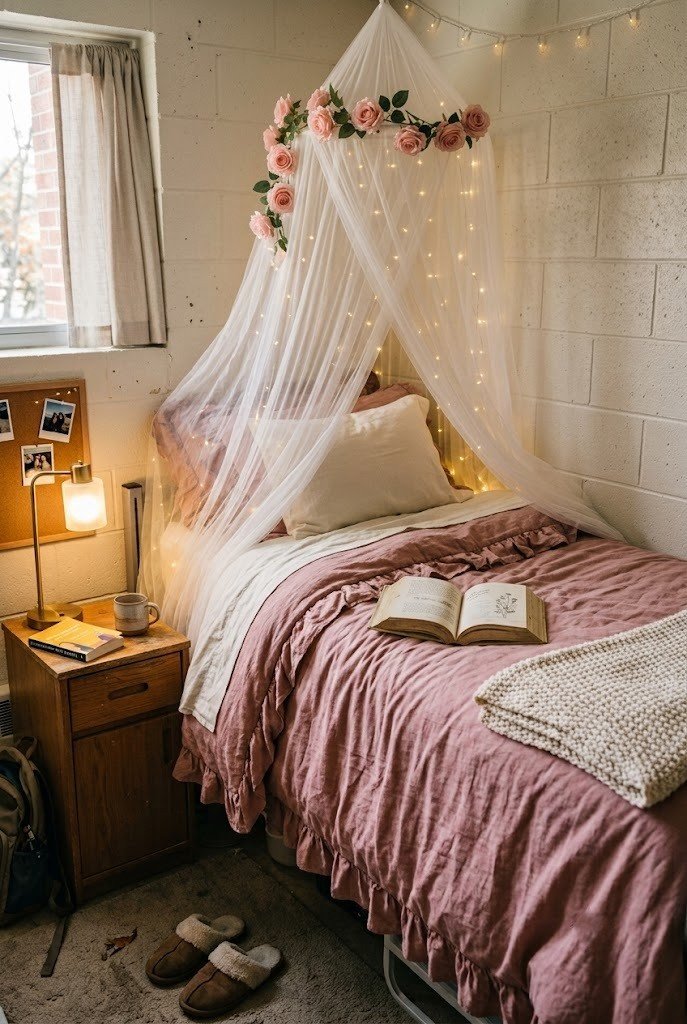 sheer tulle bed canopy with warm fairy lights and faux pink roses over a dorm bed