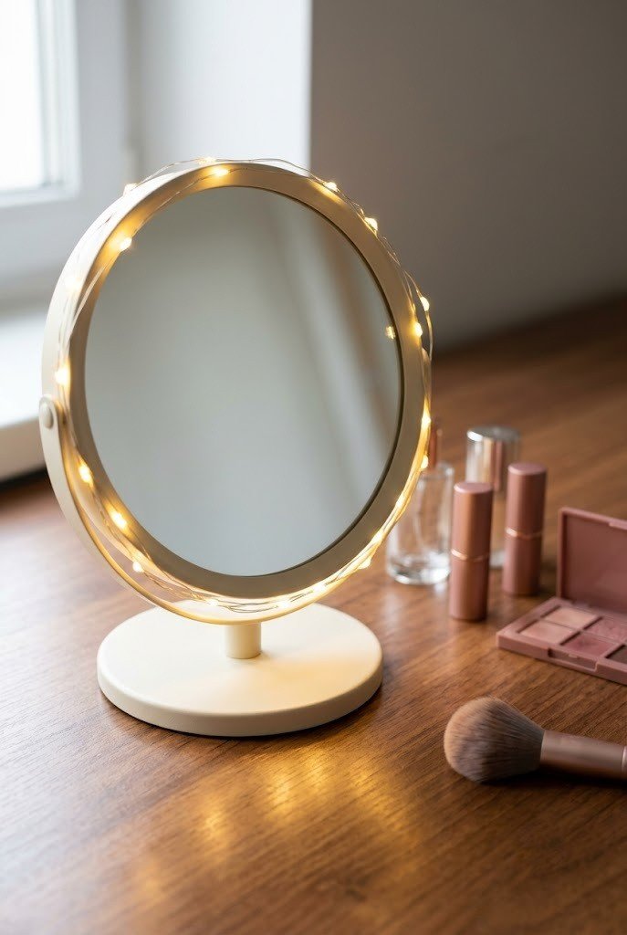 round vanity mirror ringed with warm fairy lights on a dorm desk