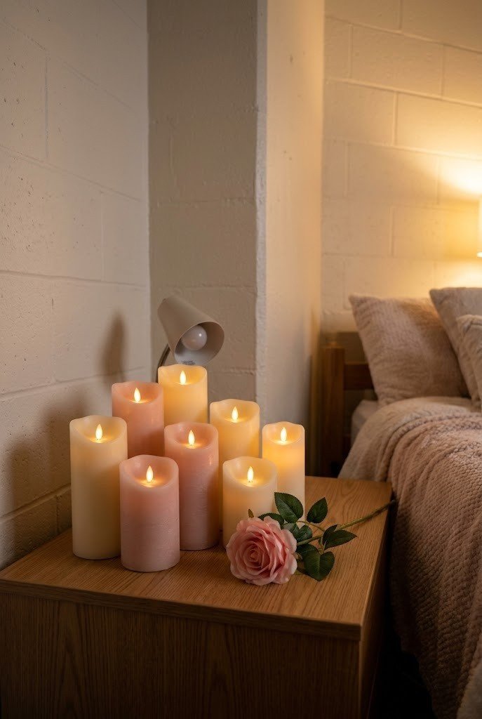cluster of flameless LED pillar candles in cream and blush on a dorm nightstand