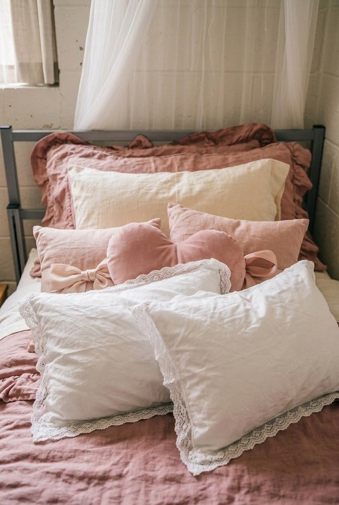 white lace-trim pillowcases layered in front of blush pillows on a dorm bed