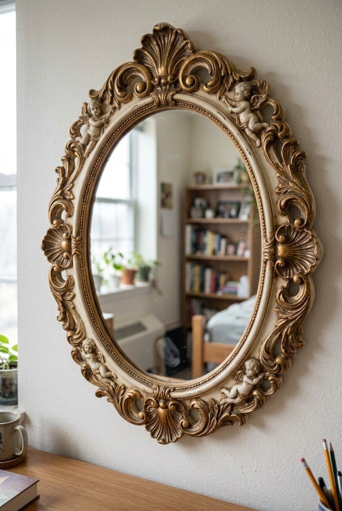 ornate cream and gold oval baroque mirror on a dorm wall
