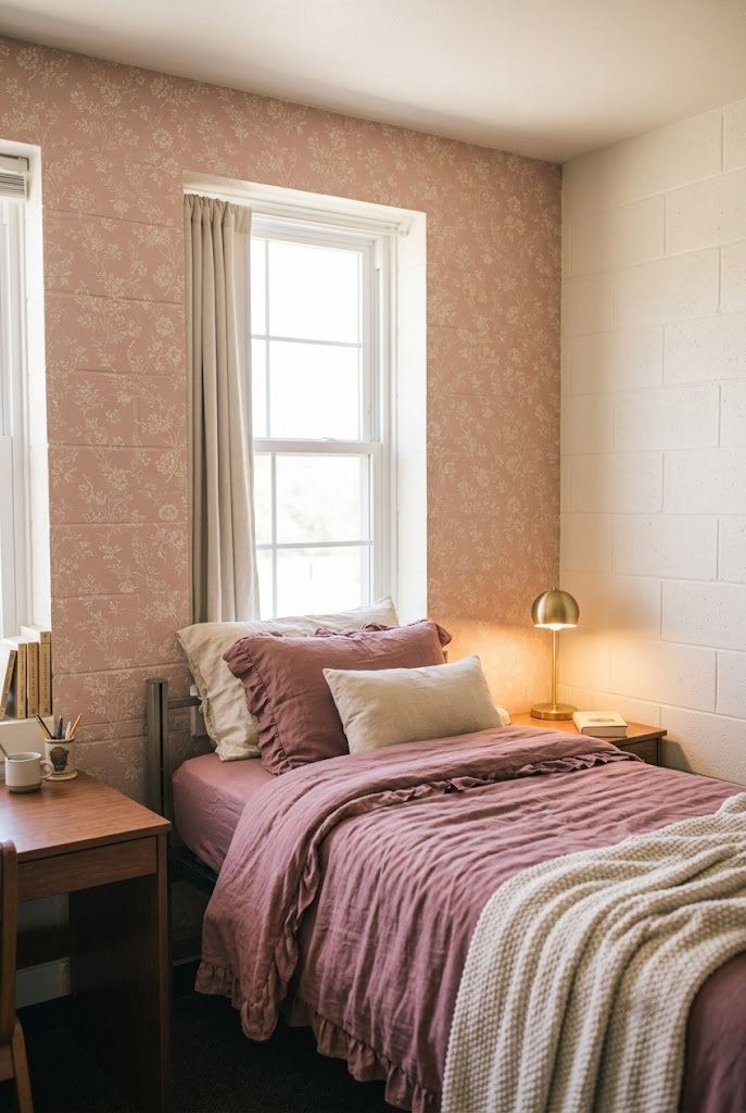 blush peel-and-stick floral wallpaper accent wall behind a dorm bed