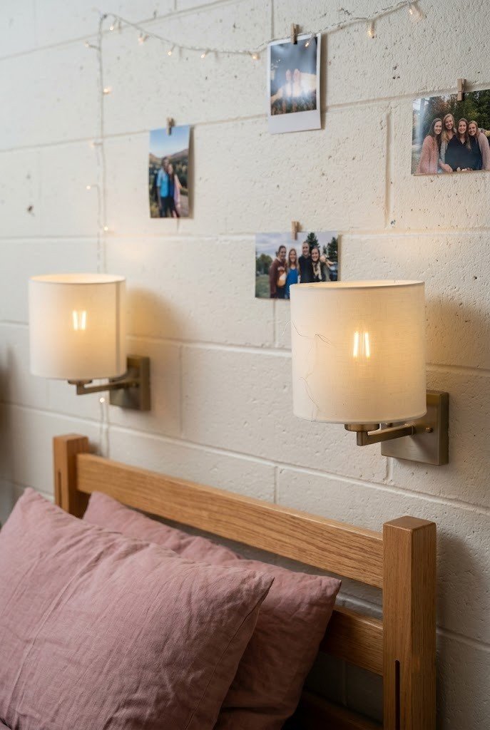 pair of peel-and-stick cream wall sconces flanking a dorm bed headboard