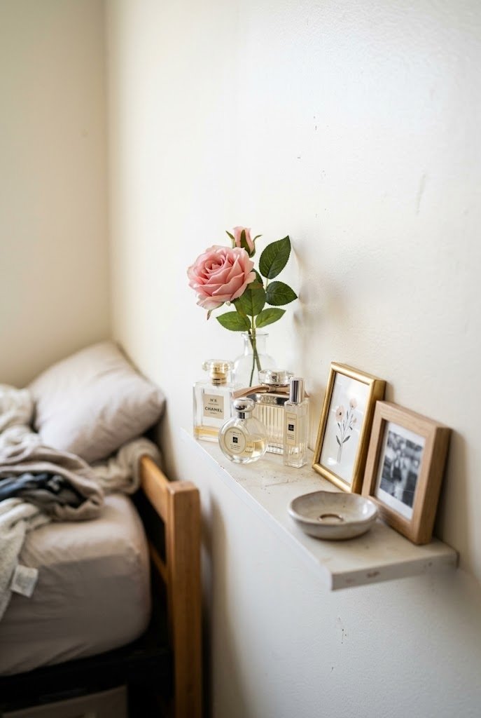 slim white picture ledge holding perfume bottles and a faux rose on a dorm wall