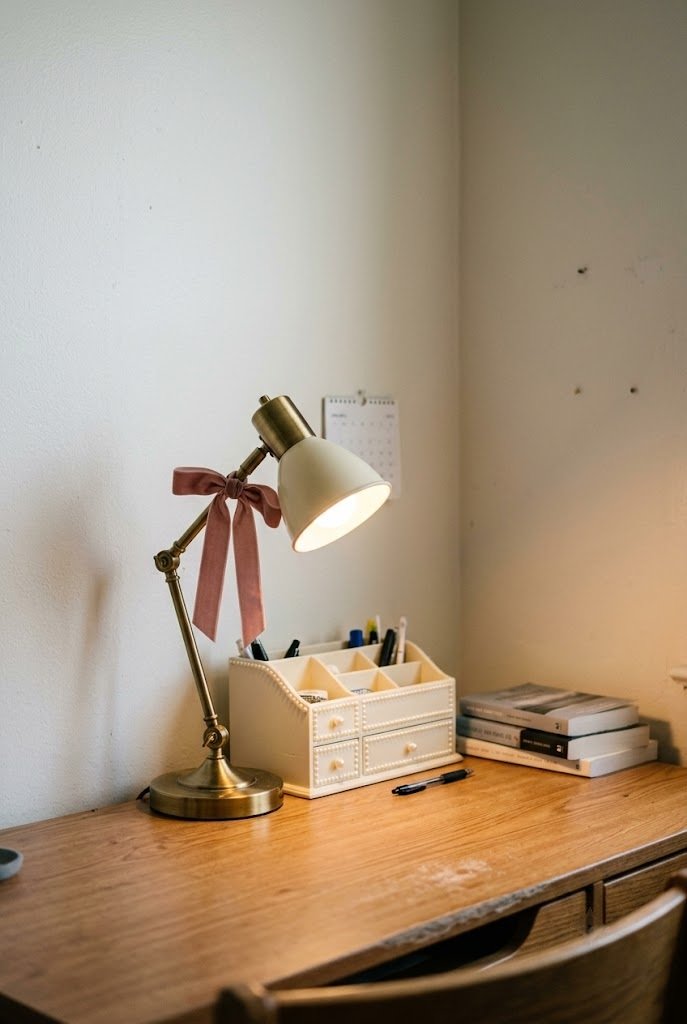 desk lamp with a dusty rose ribbon bow beside a pearl-detail organizer on a dorm desk