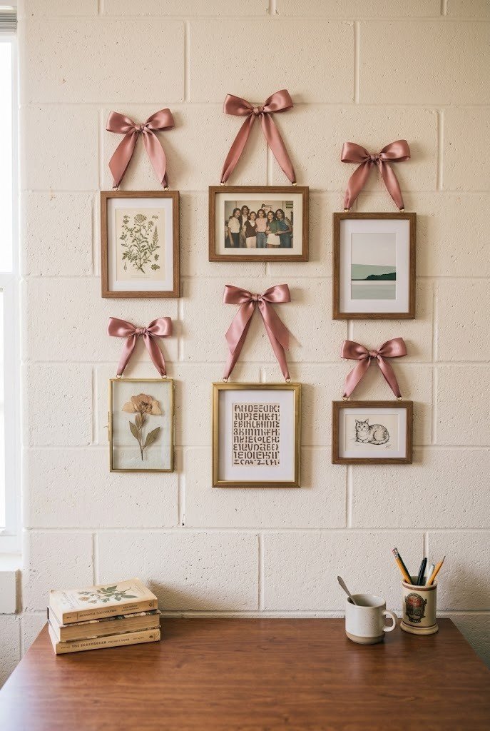 small framed prints hung from dusty rose satin ribbons on a dorm wall