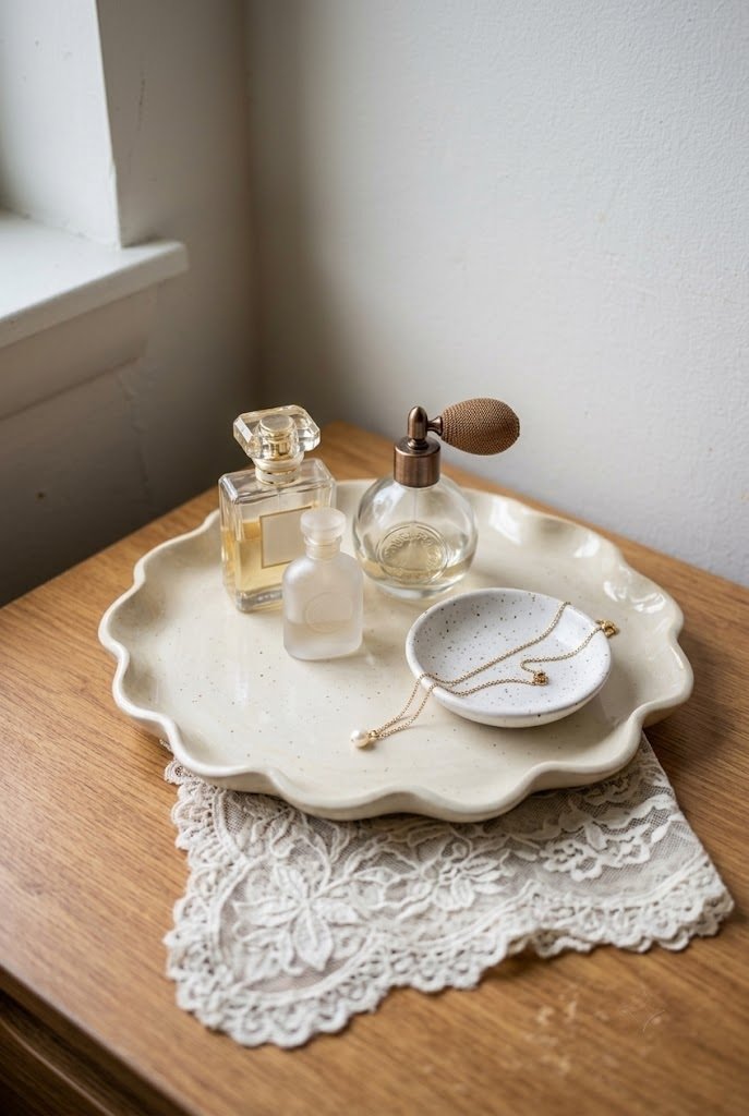 scalloped cream vanity tray with perfume and a lace cloth on a dorm desk
