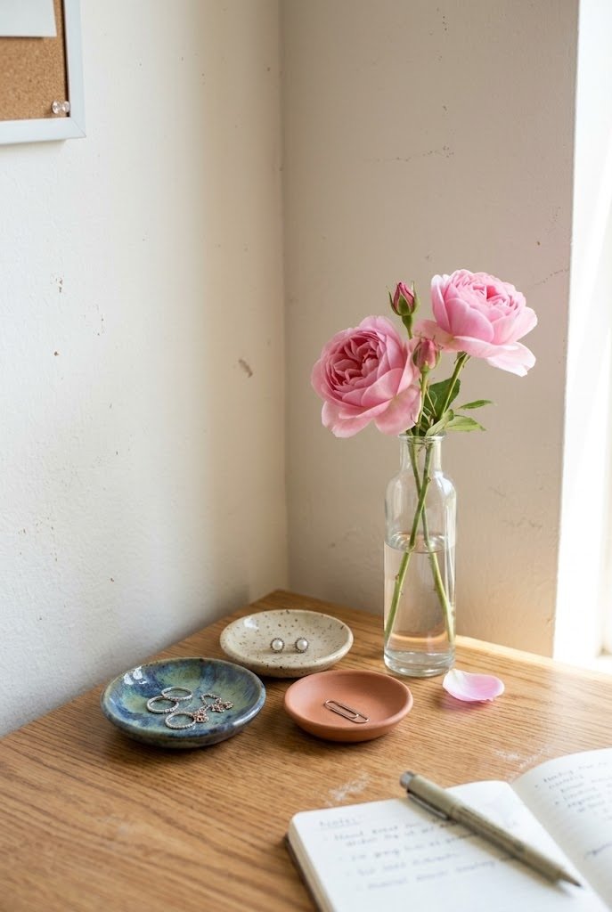 small ceramic trinket dishes and a bud vase with pink roses on a dorm desk corner