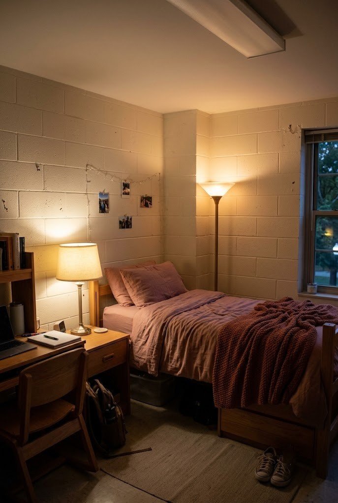 cozy dorm room lit only by warm lamps with the overhead off and dusty rose bedding