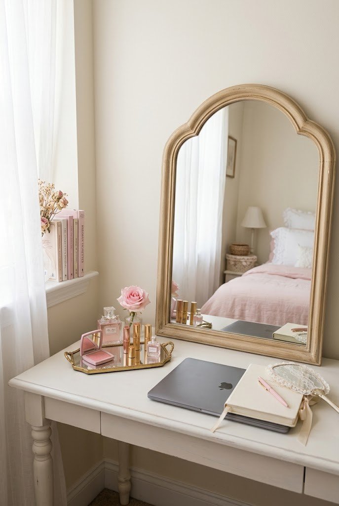 Coquette vanity-desk combo with a leaning arch mirror in a small bedroom