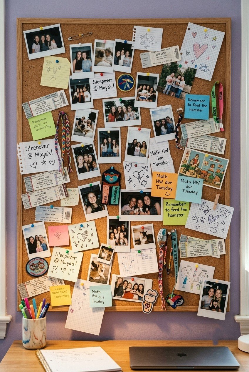 Large cork pinboard covered with photos, ticket stubs and notes above a desk