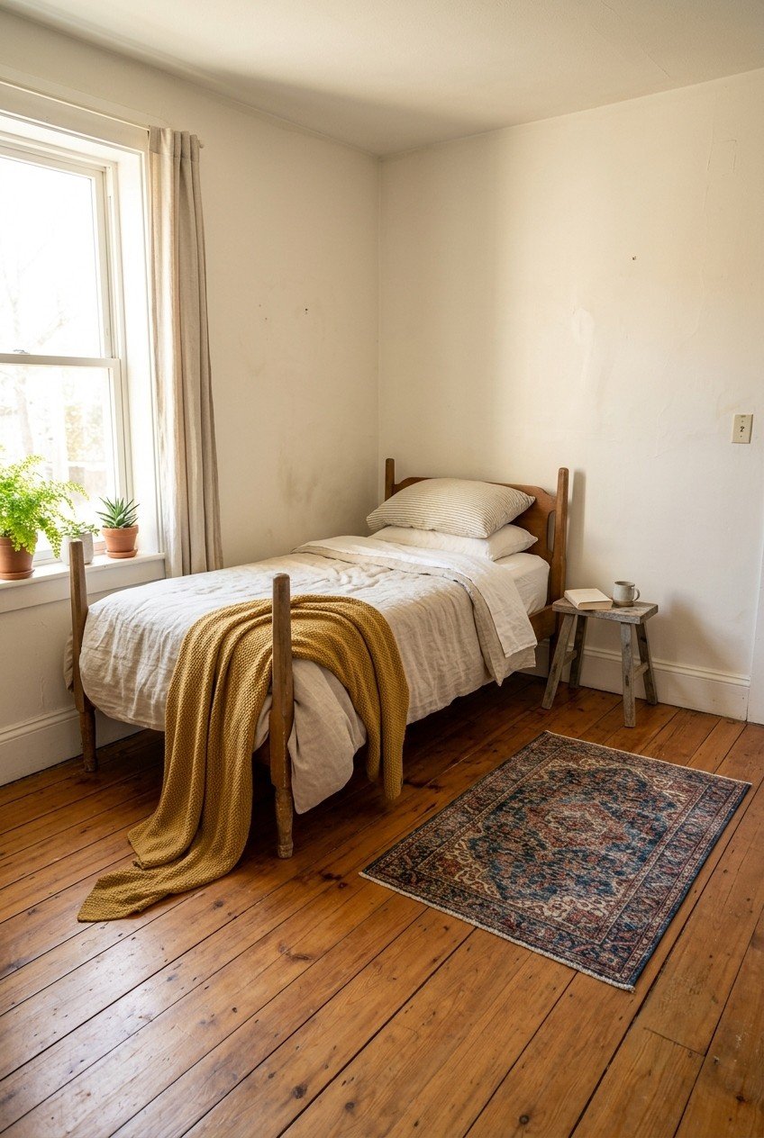 Twin bed pushed into the corner of a square bedroom with open floor space in front