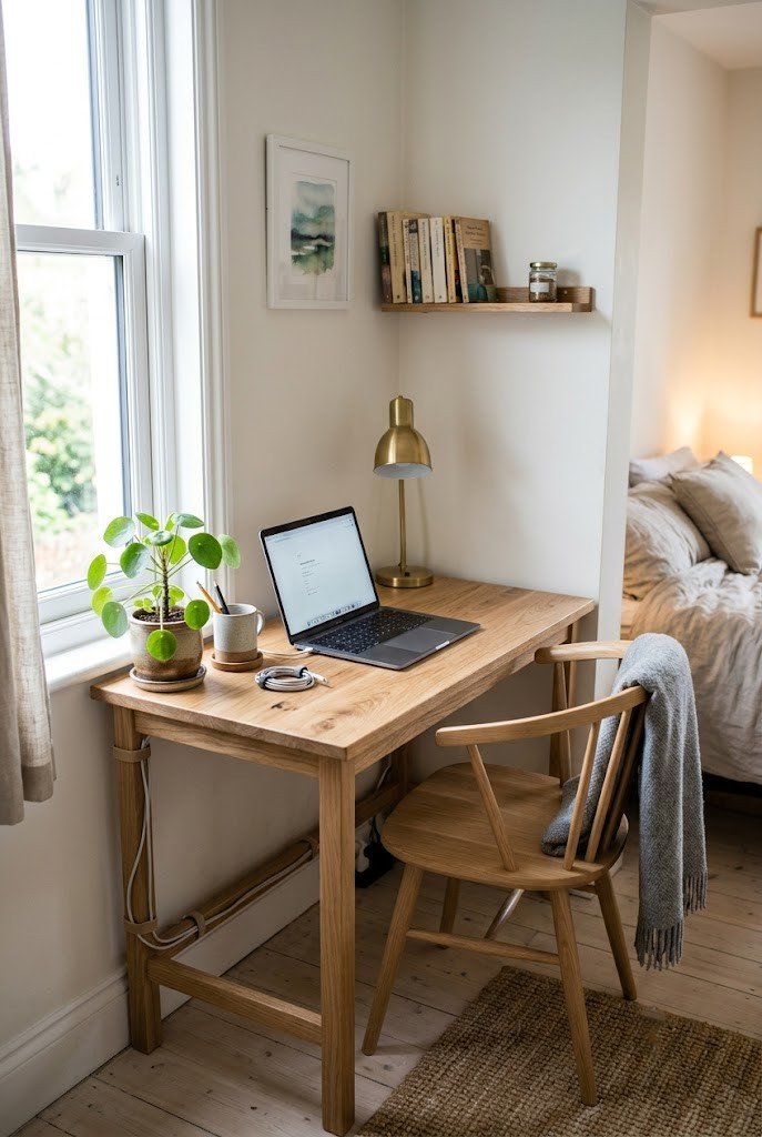 Compact corner desk with a laptop and lamp fitted into a small bedroom corner