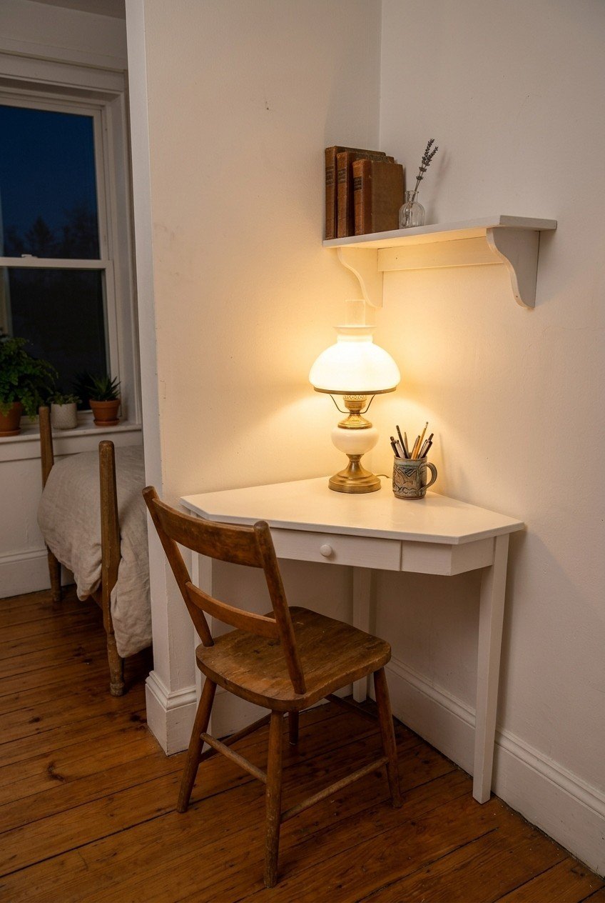 Small white corner desk on the diagonal with a chair, lamp, and pen cup in a square bedroom