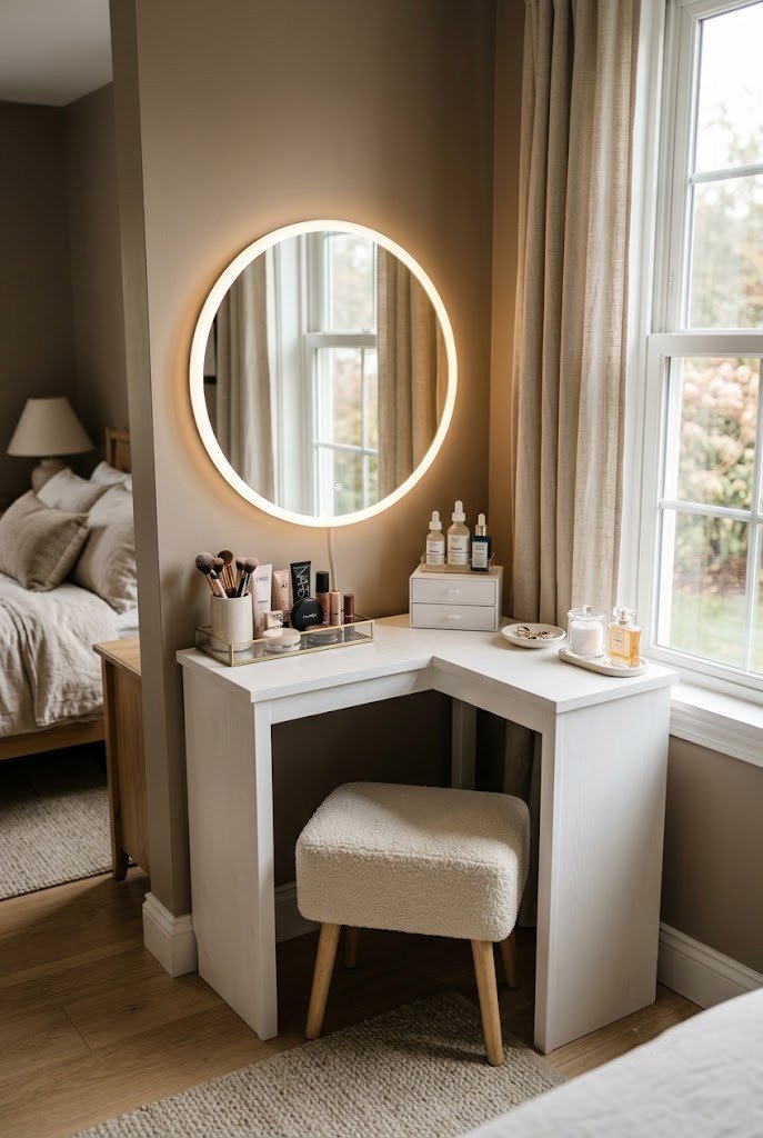Compact L-shaped corner makeup vanity with an LED ring mirror and a small stool