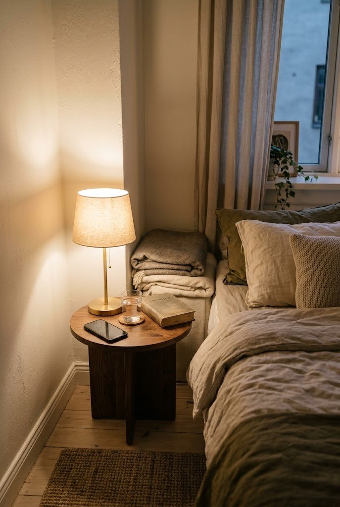 Skinny round side table serving as a nightstand beside a bed in a bedroom corner