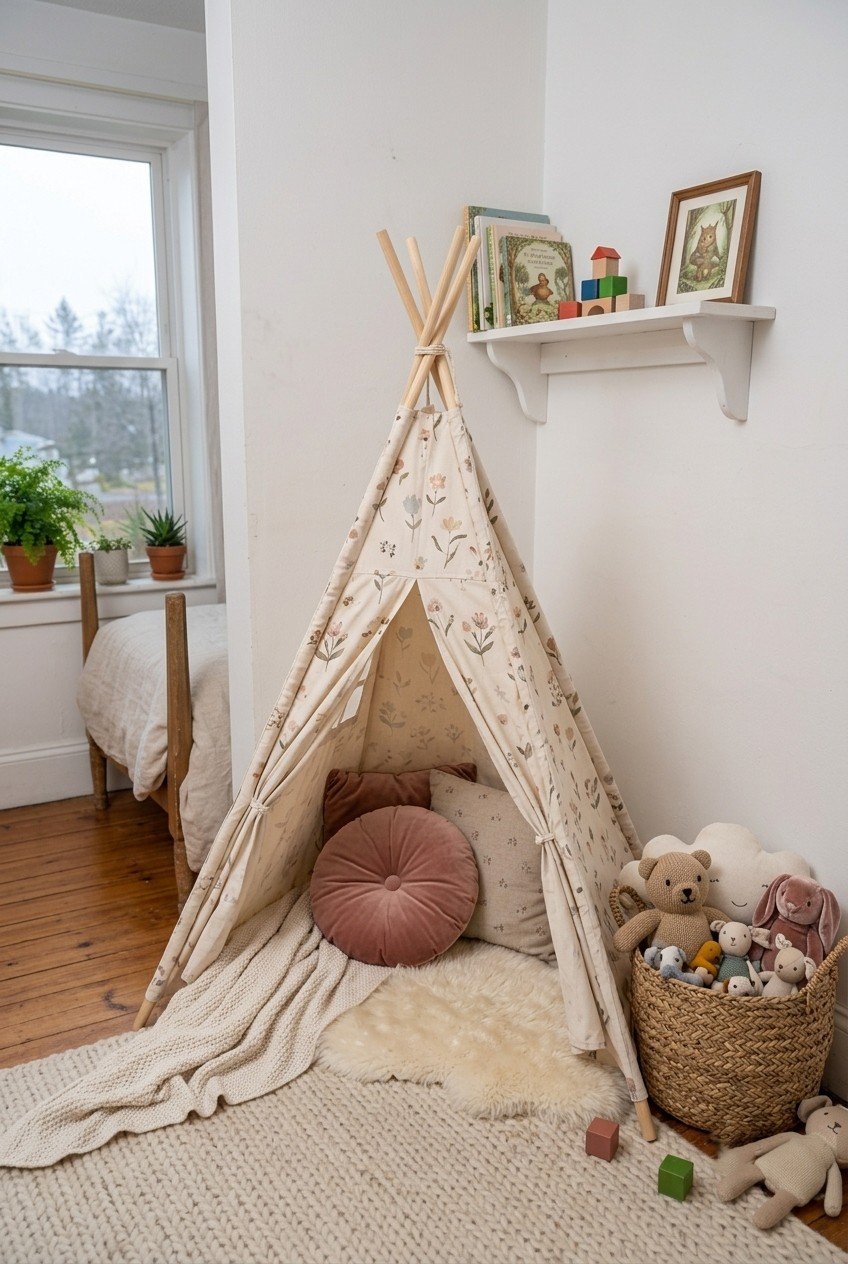 Small play teepee in a bedroom corner with a rug, floor cushions, and a basket of soft toys