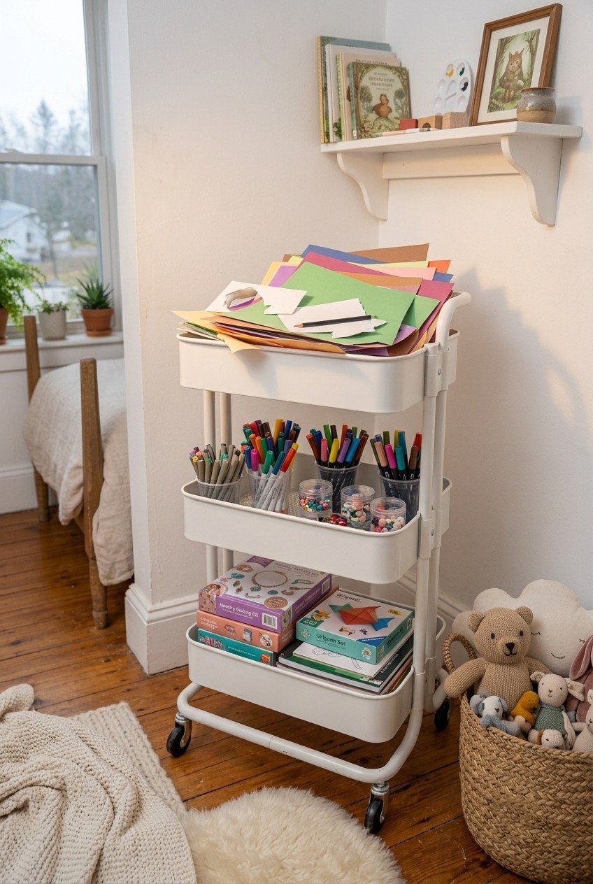 White 3-tier rolling craft cart holding markers, paper, and craft kits tucked into a bedroom corner