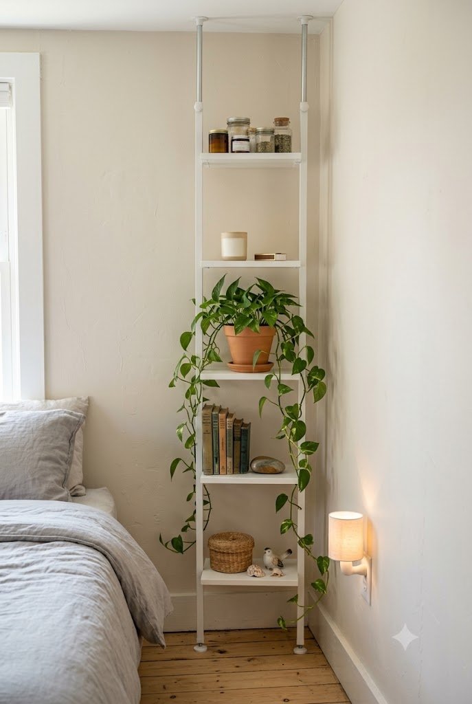 White tension pole corner shelf holding jars, a candle, and a trailing plant