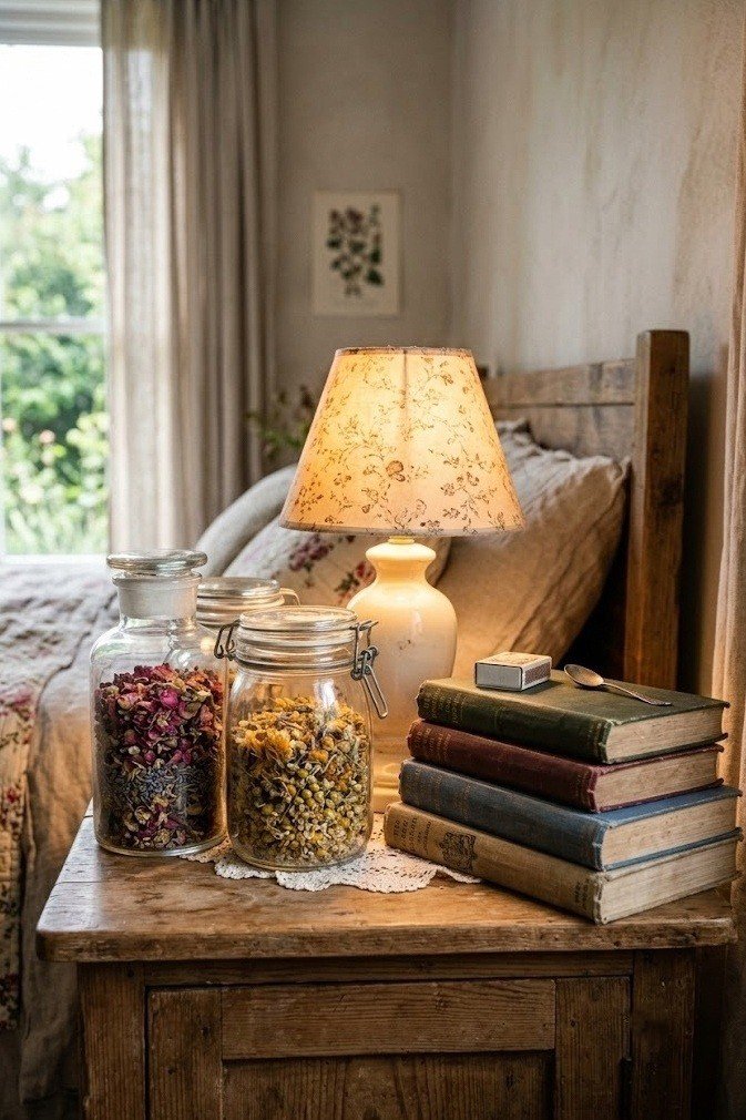 Apothecary jars with dried petals and stacked vintage books on a cottagecore nightstand