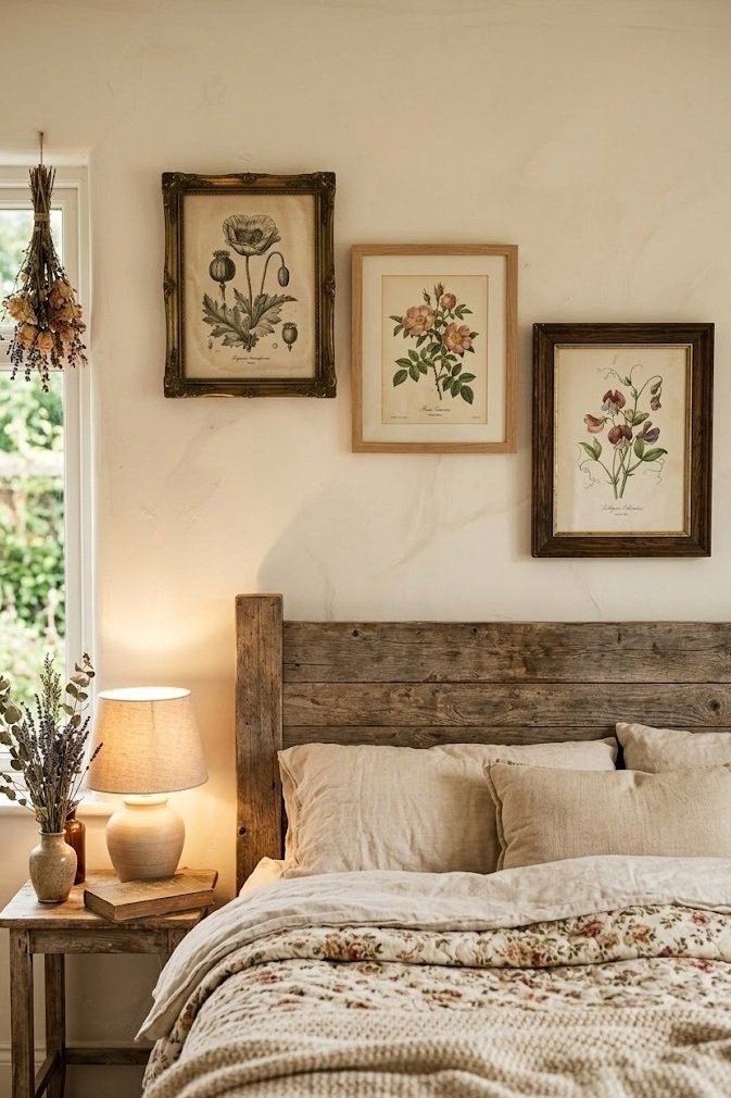 Gallery cluster of framed vintage botanical prints above a cottagecore headboard