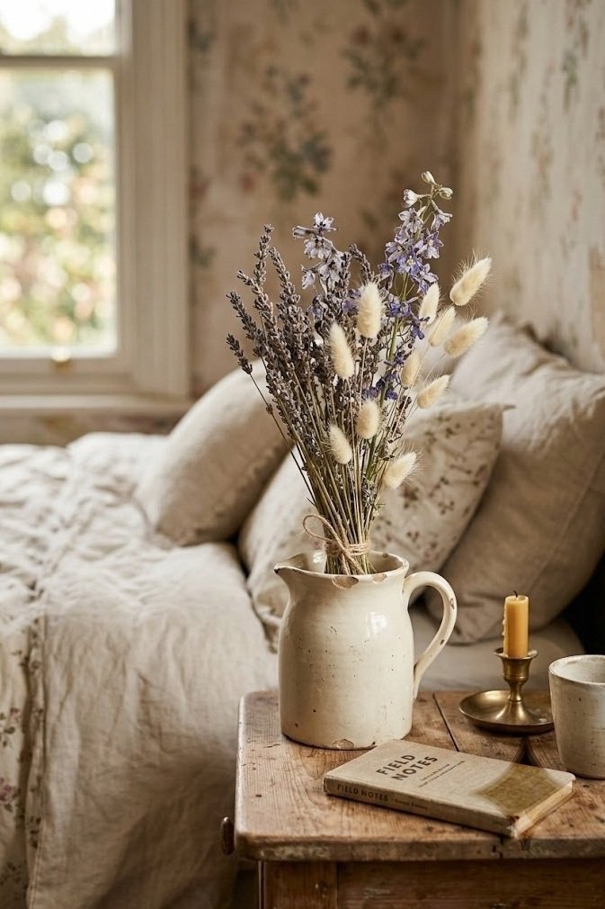 Dried lavender and larkspur bundle in a thrifted ceramic jug on a cottagecore nightstand