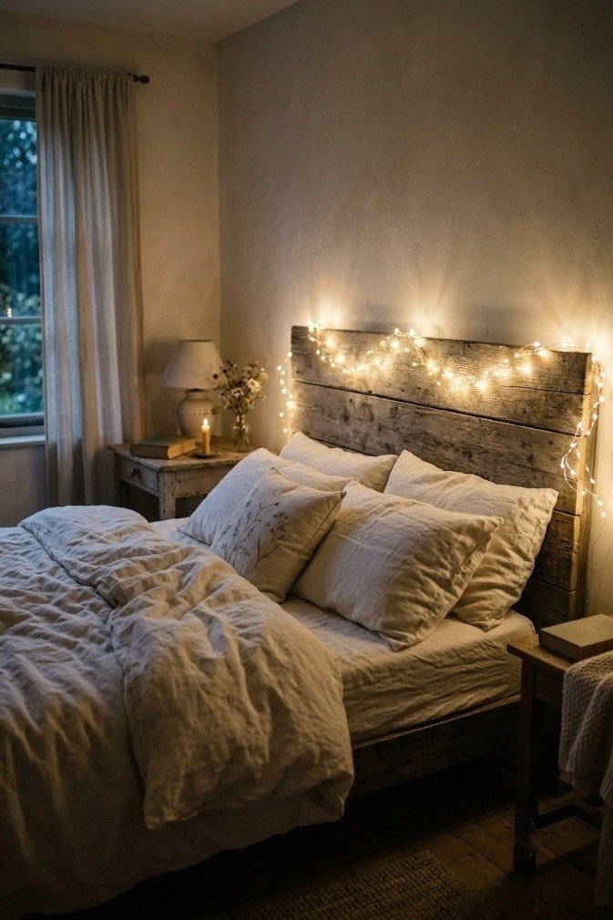 Warm fairy lights glowing behind a cottagecore headboard in the evening