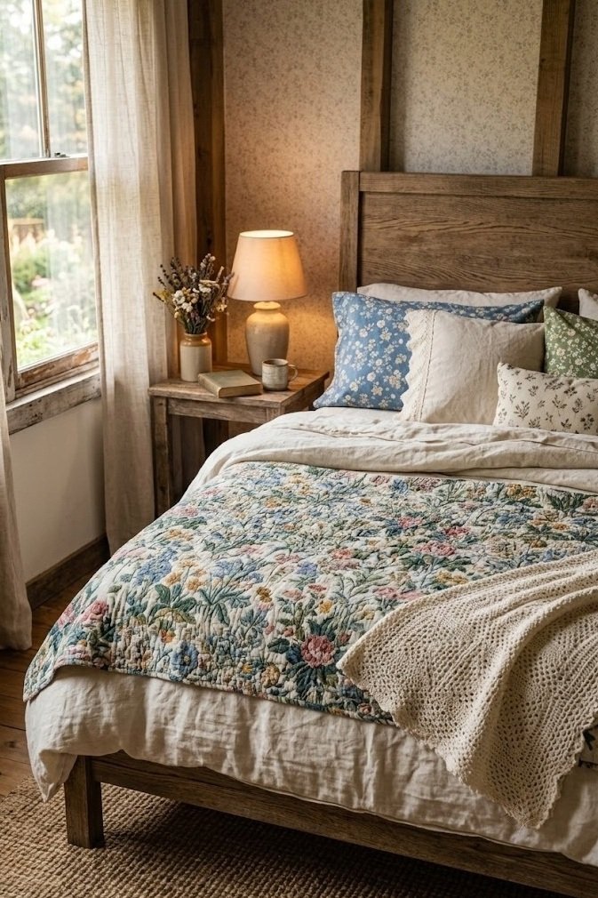 Floral quilt and crochet throw layered over cream linen bedding in a cottagecore bedroom