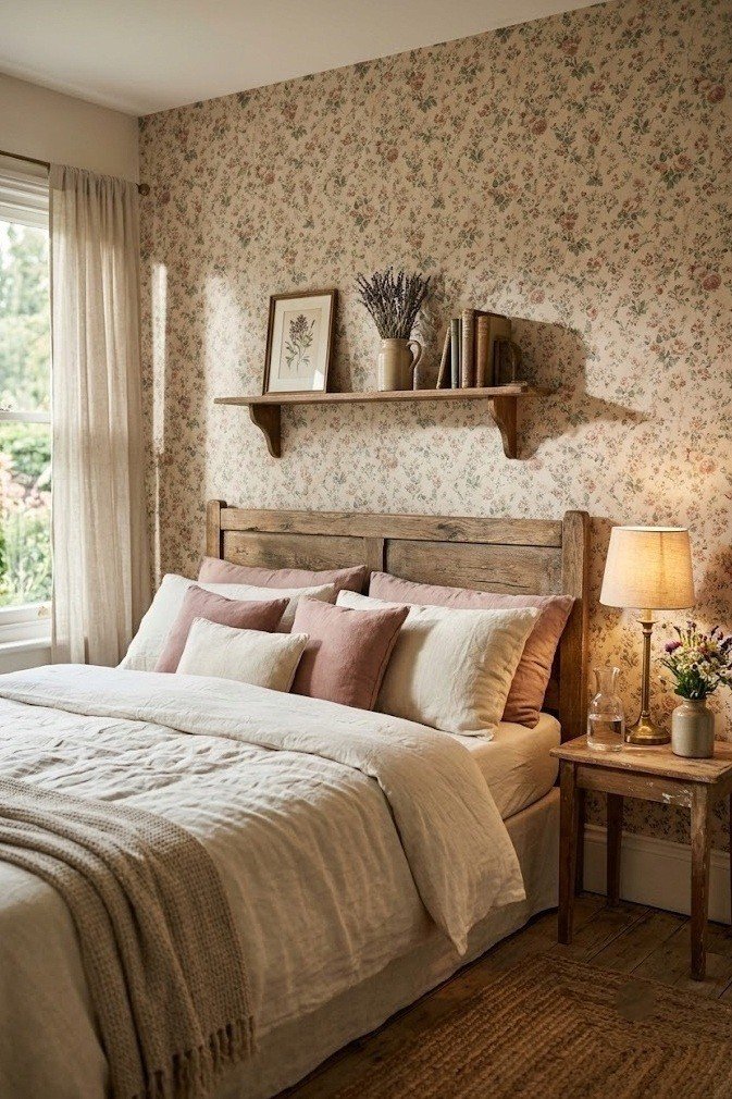Muted floral peel-and-stick wallpaper accent wall behind a cream linen cottagecore bed