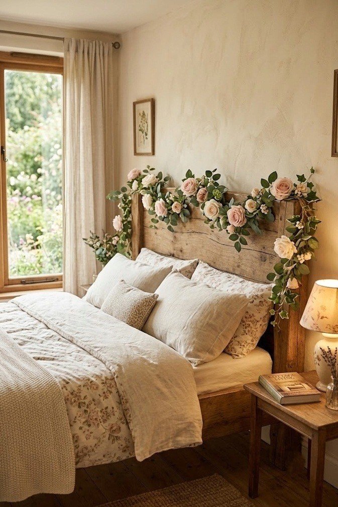Faux flower garland draped along a cottagecore headboard