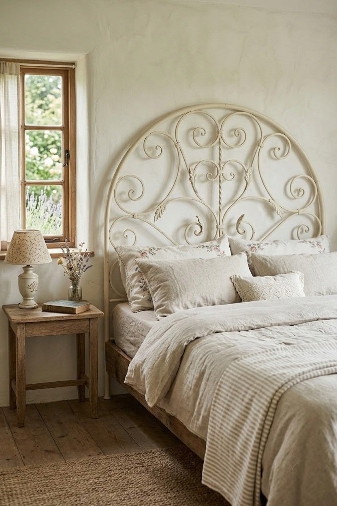 Freestanding arched iron headboard behind a cottagecore linen bed