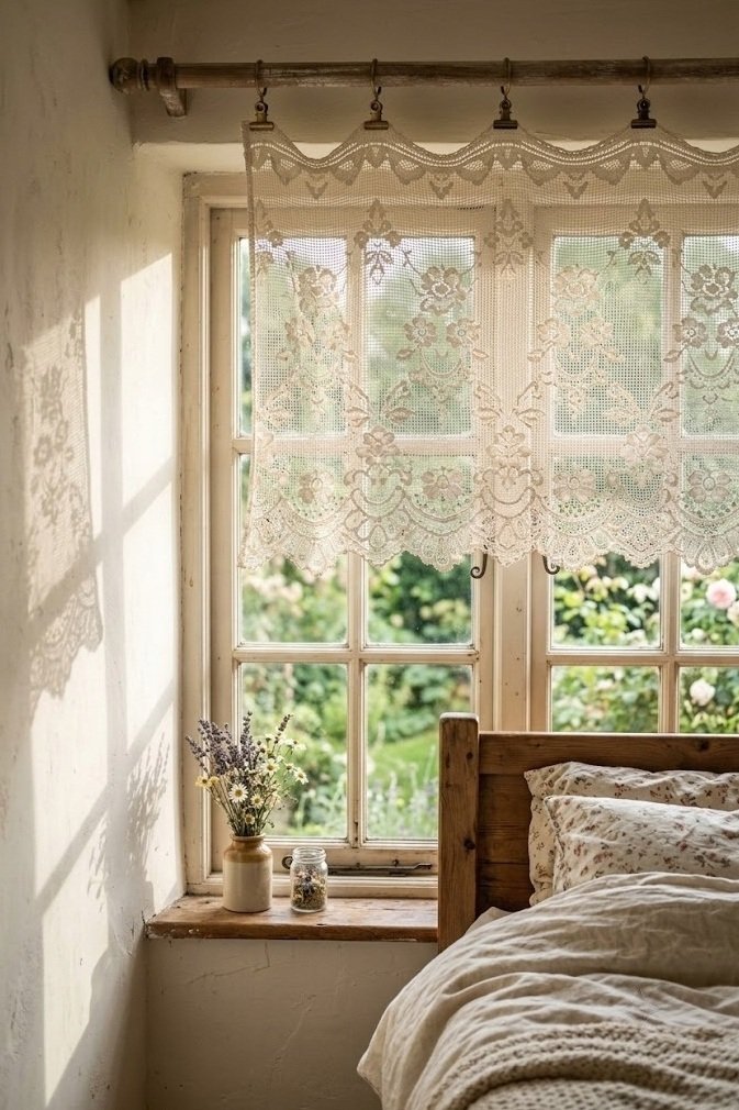Vintage lace panel used as a curtain casting soft shadows in a cottagecore bedroom