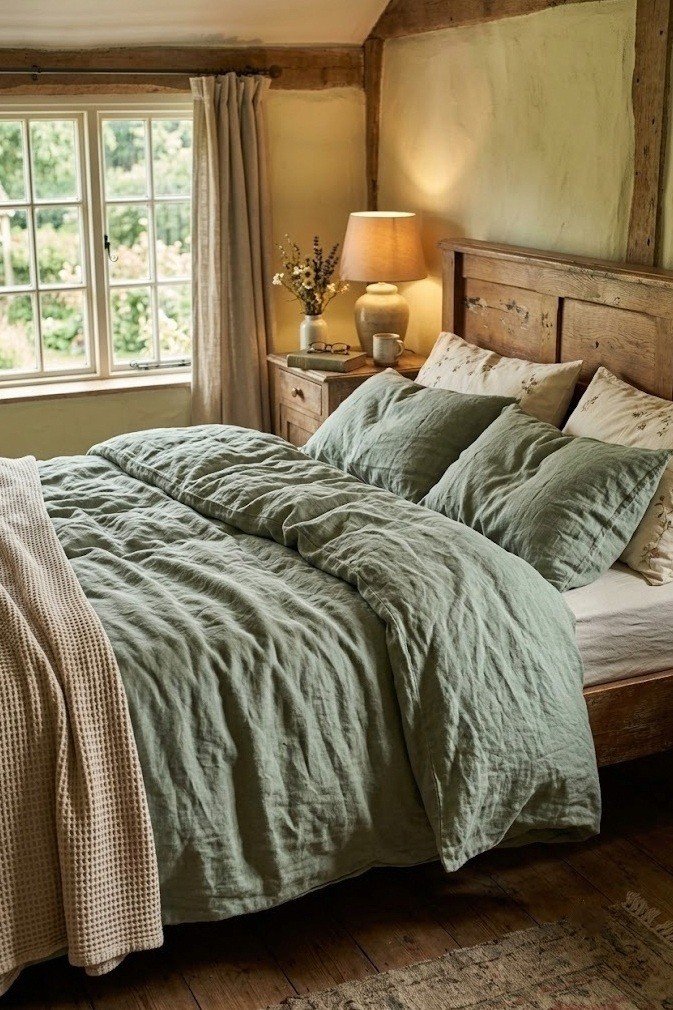 Rumpled sage-green washed linen duvet on a cottagecore bed in morning light