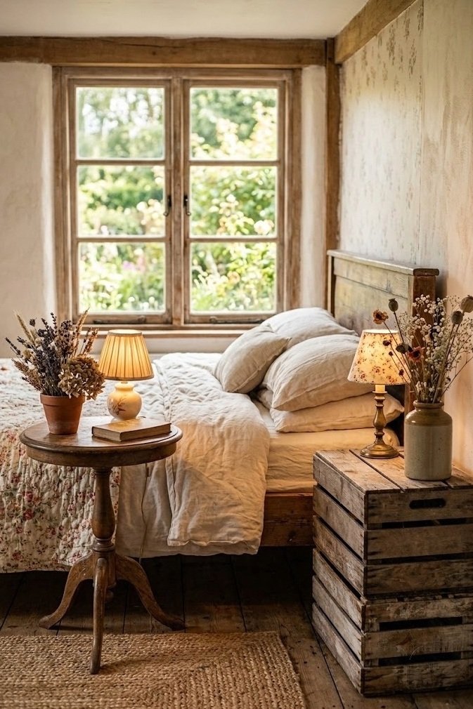 Two mismatched vintage nightstands styled beside a cottagecore bed