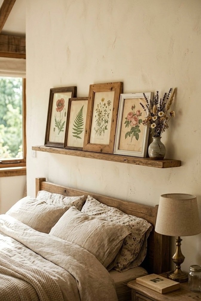 Slim picture ledge with leaning botanical prints and a bud vase in a cottagecore bedroom