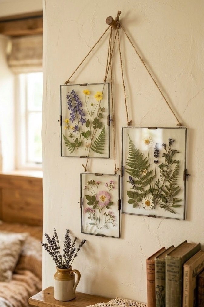 Pressed flowers in glass clip frames clustered on a cottagecore bedroom wall