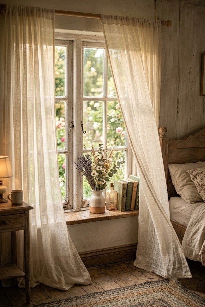 Sheer cream muslin curtains filtering soft light in a cottagecore bedroom