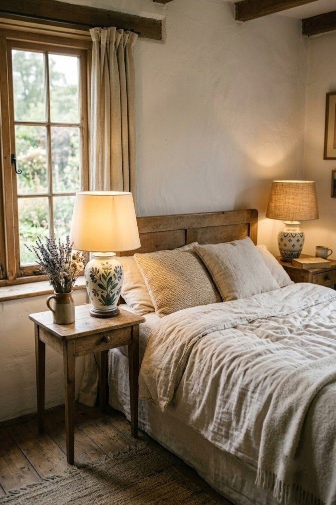 Cottagecore bedroom with a pair of thrifted vintage ceramic lamps on mismatched nightstands beside a cream linen bed