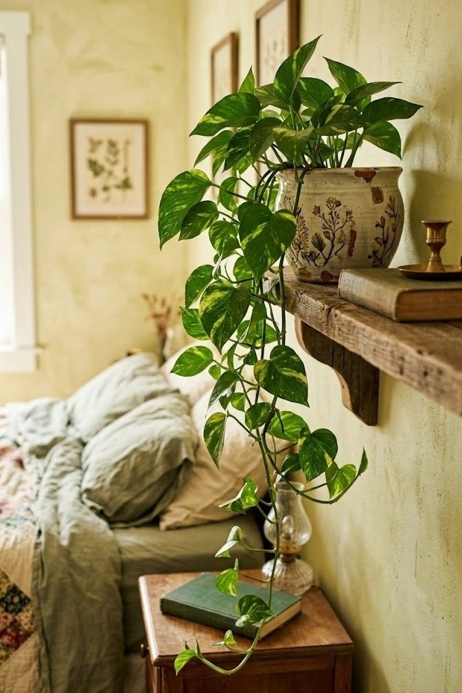 Trailing pothos in a thrifted pot on a shelf in a cottagecore bedroom