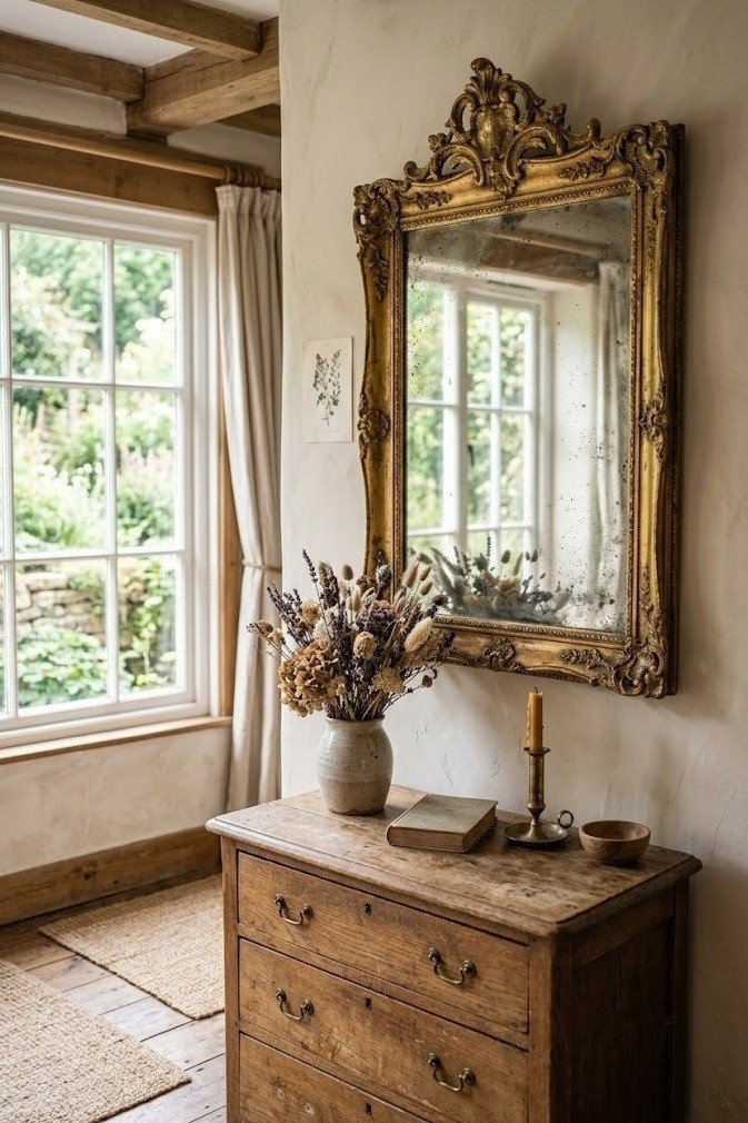 Foxed vintage gilt mirror on a cream cottagecore bedroom wall reflecting window light
