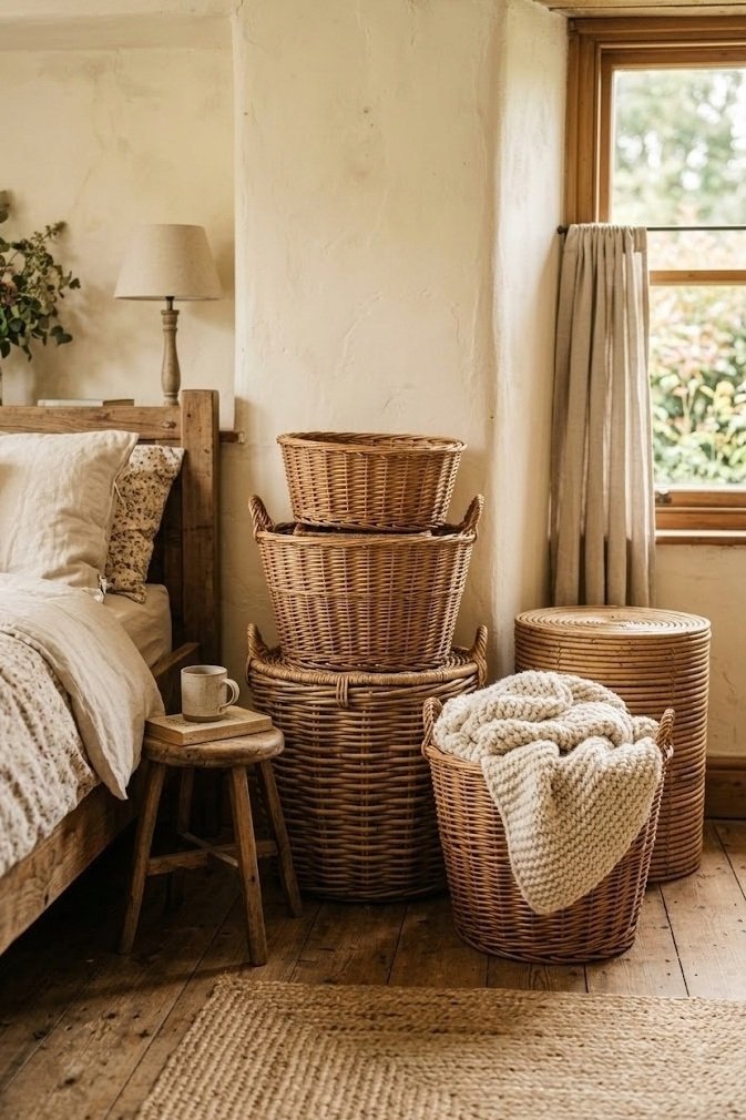 Stacked woven wicker baskets holding throws in a cottagecore bedroom corner